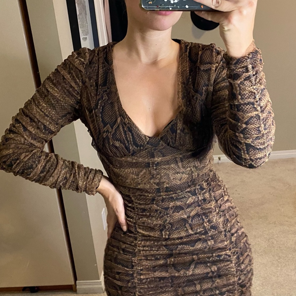 ZARA Leopard Print Ruched Mini Dress, Plunging Neckline